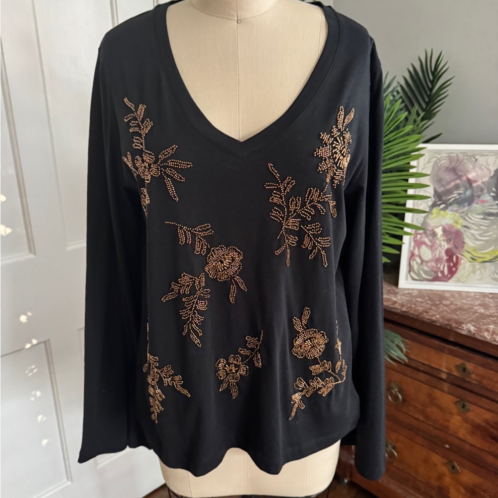 Johnny Was Black Long Sleeve with Gold Floral Embroidery